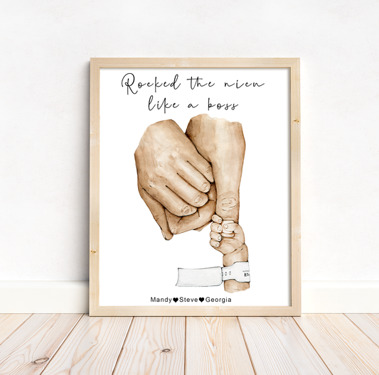 Premature baby with parent hands print | Mummy and daddy with newborn premie's hand | Natural skin tones or Black and white | A3 | A4 | A5 |