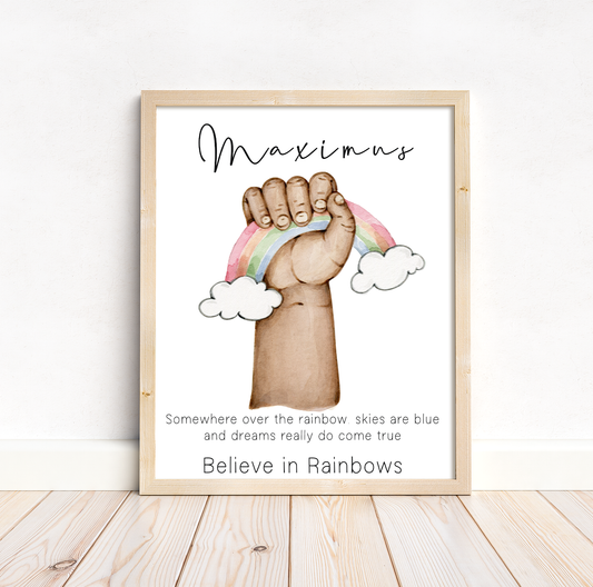 Rainbow baby hand portrait | Miracle new baby print in natural skin tones or Black and white | A3 | A4 | A5 |