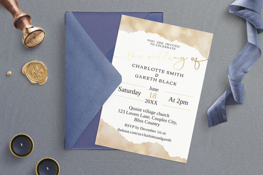 Golden shimmer Wedding Invitation - Editable Template. Glistening invite in shimmering gold  - 5x7