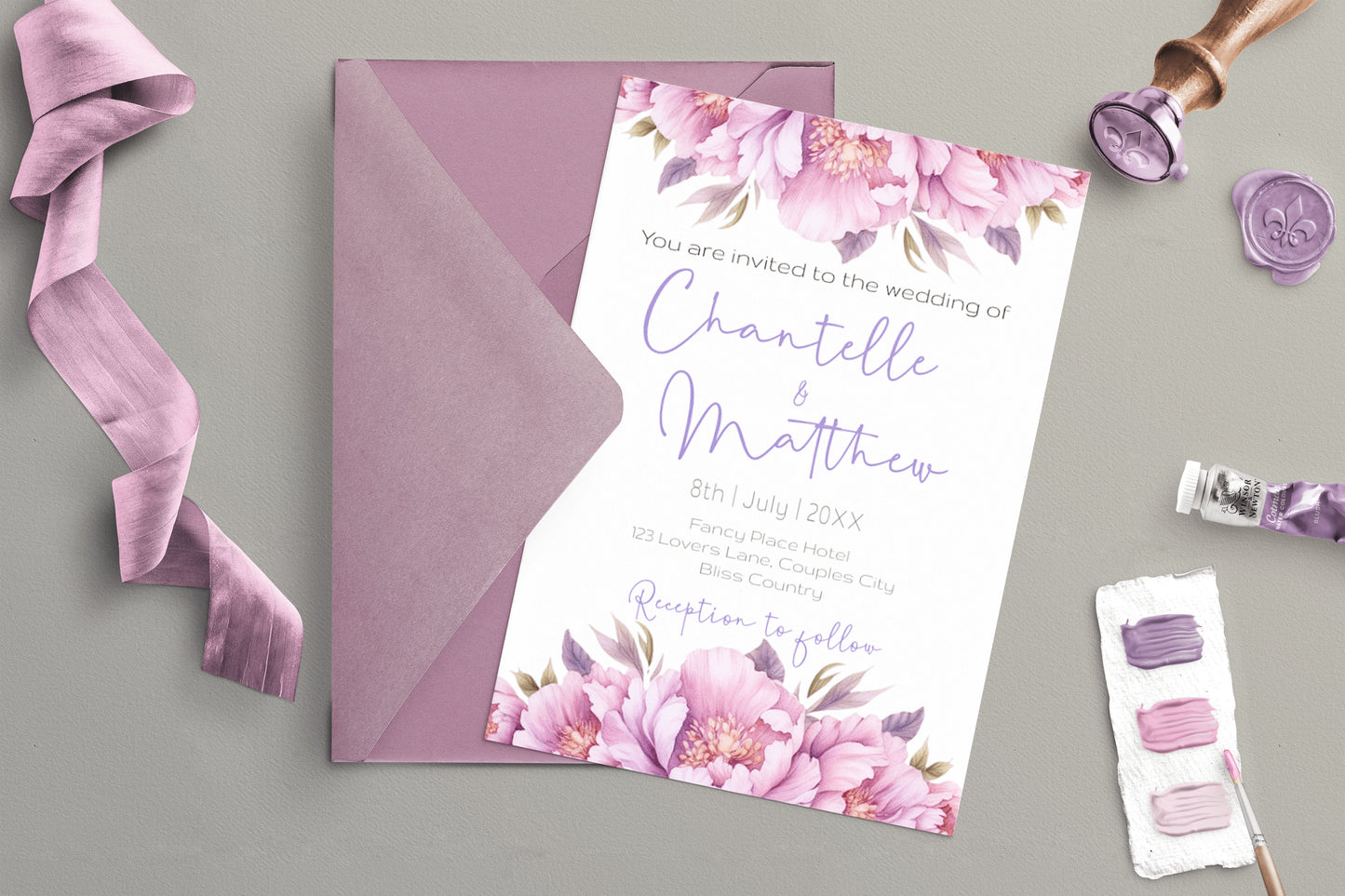 Lilac flower Wedding Invitation - Editable Template. Beautiful florals in hues of pinks and purples - 5x7