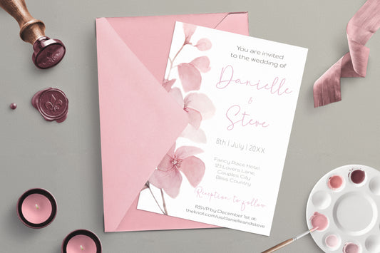 Blush pink Wedding Invitation  - Editable Template. Beautifully subtle romantic floral design - 5x7