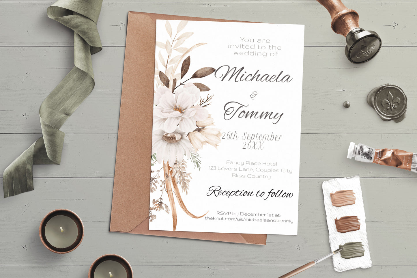 Autumn Elegance Wedding Invitation - Editable Template with Golden Browns, Creams, and Forest Greens in 5x7