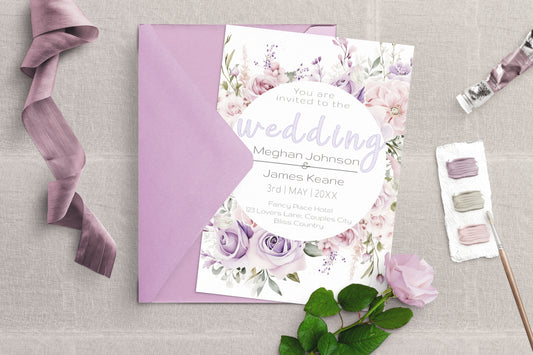 Mauve and White Floral Wedding Invitation - Editable Template. With shades of beautiful purples - 5x7