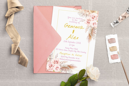 Pink Bohemian Wedding Invitation - Editable Template. With shades of delicate pink, cream and beige - 5x7