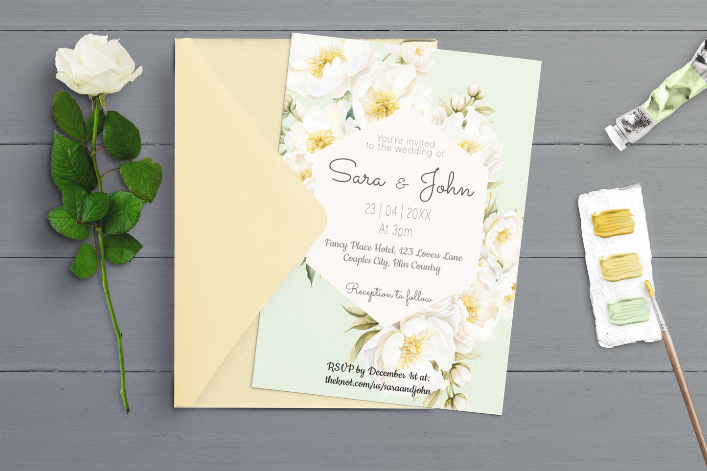 White Peony Wedding Invitation - Editable Template. Crisp white flowers on refreshing mint background - 5x7