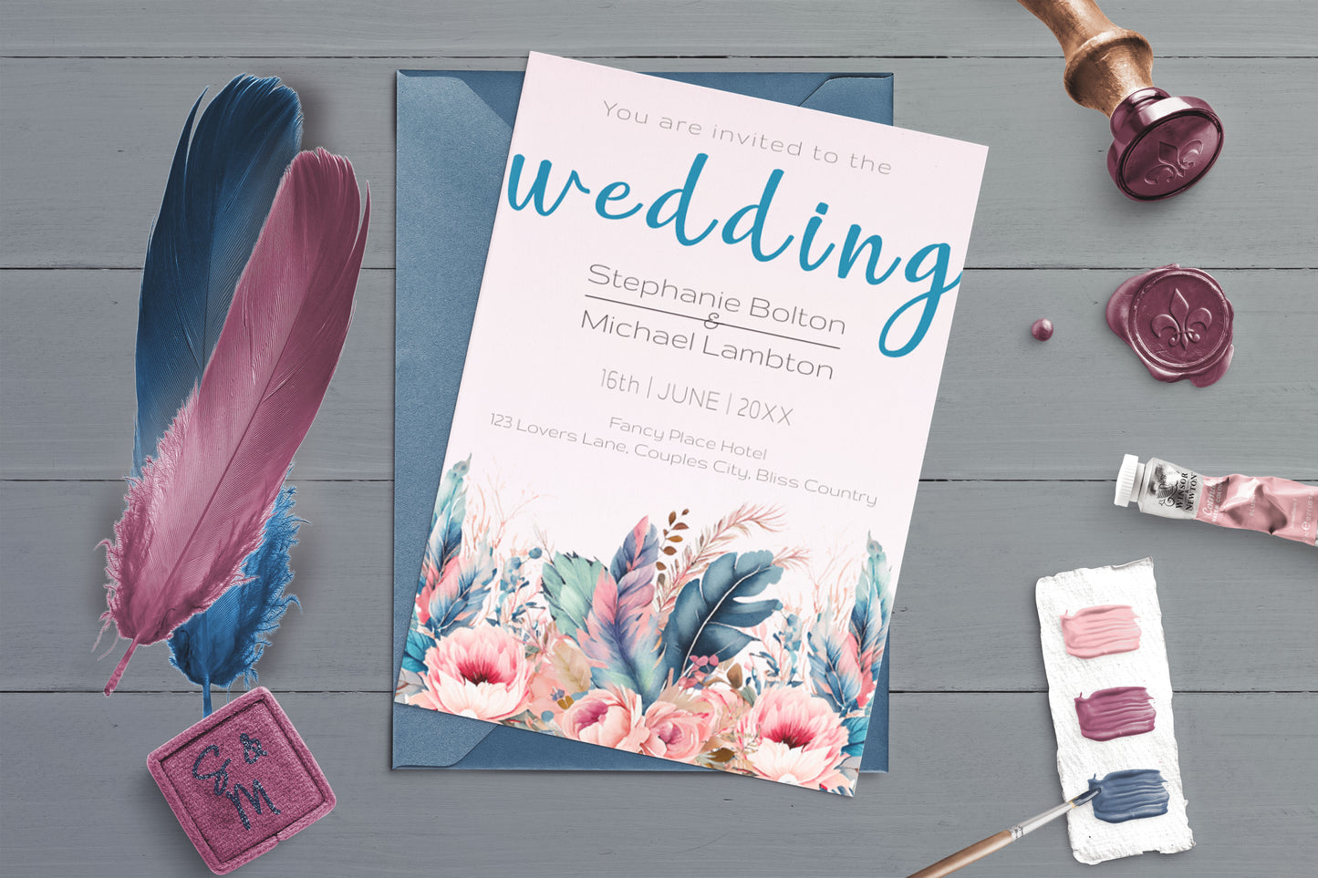 Colourful Feather and Floral Wedding Invitation - Editable Template. Tones of teal, magenta, turquoise - 5x7