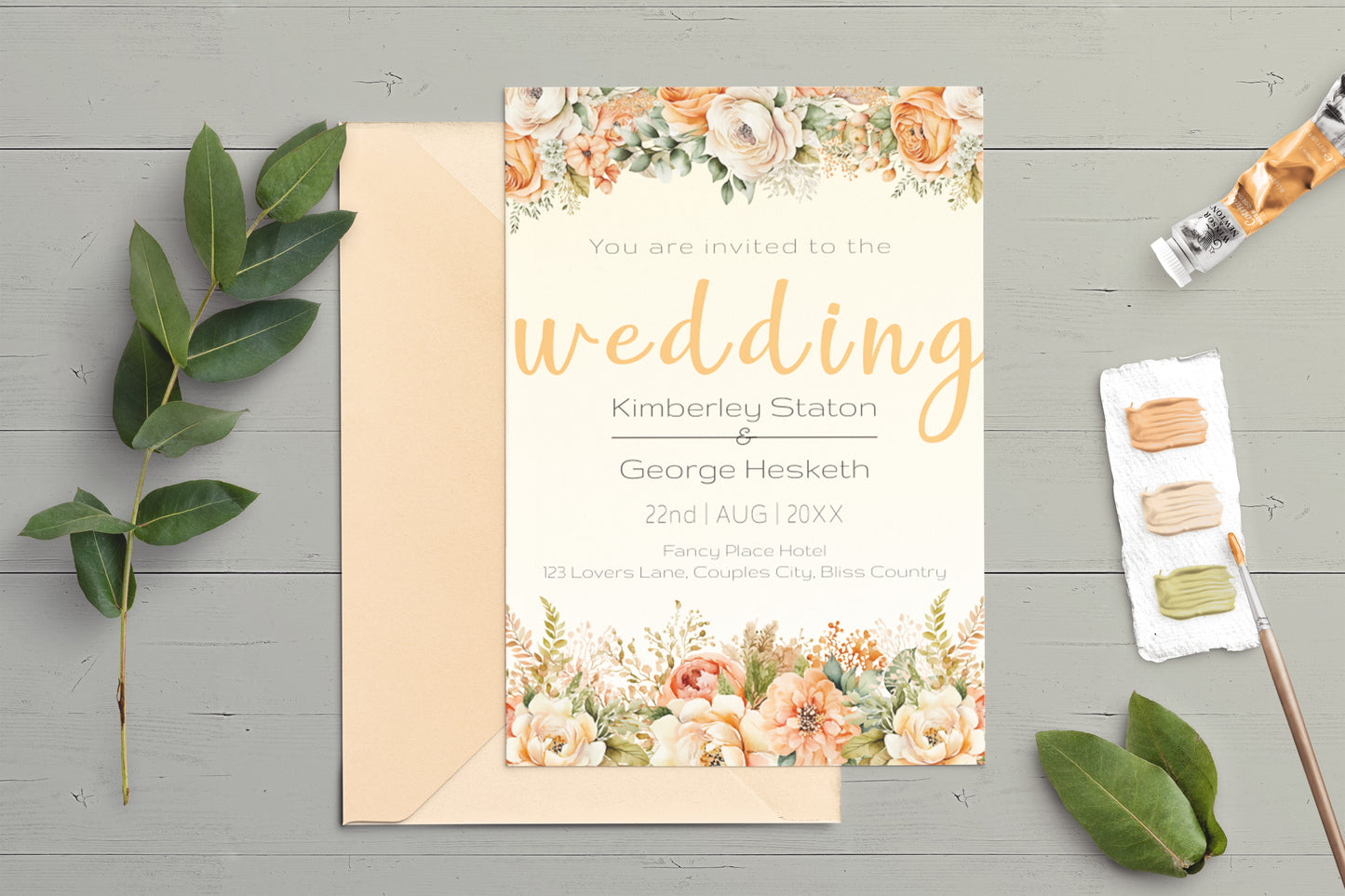 Elegant Peach Flowers Wedding Invitation - Editable Template, Create Your Dream Wedding Invitations with Ease - 5x7