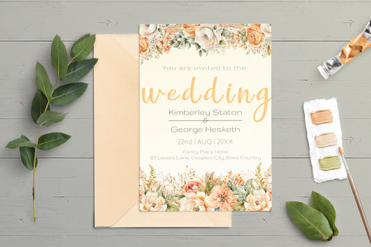 Elegant Peach Flowers Wedding Invitation - Editable Template, Create Your Dream Wedding Invitations with Ease - 5x7