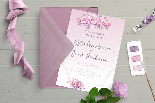 Lilac Flowers in Decorative Frames Wedding Invitation - Editable Template. Lilac, pinks in ombre tones - 5x7