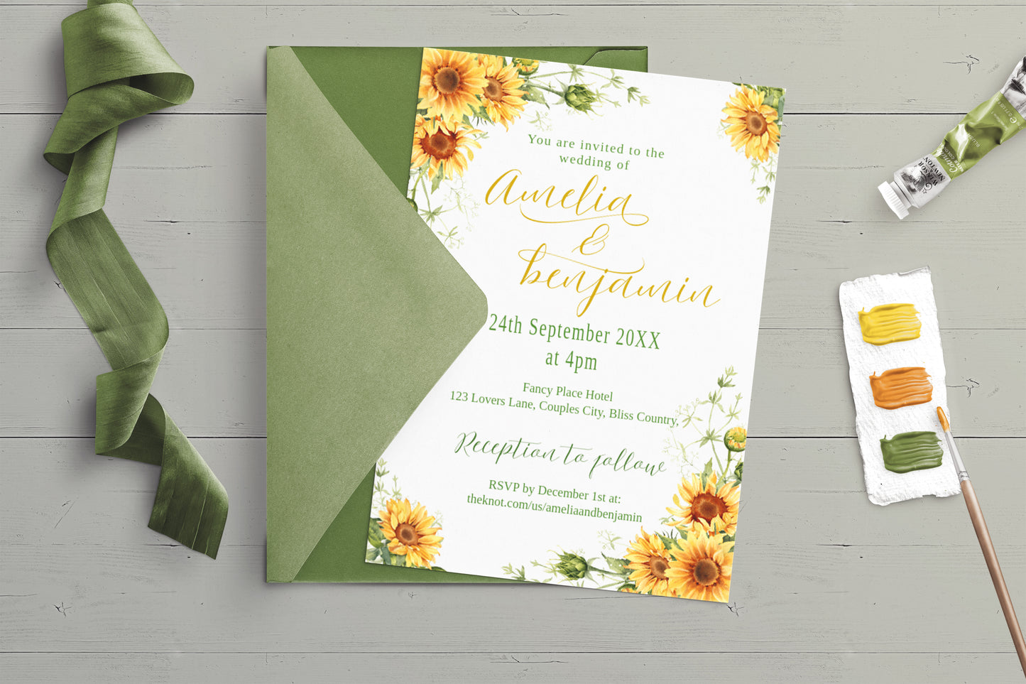 Bright Sunflower Wedding Invitation - Editable Template. Sunshine yellow flowers hints of olive green - 5x7