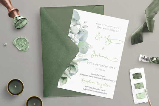 Eucalyptus, White Floral Wedding Invitation - Editable Template. Beautiful understated botanical theme - 5x7