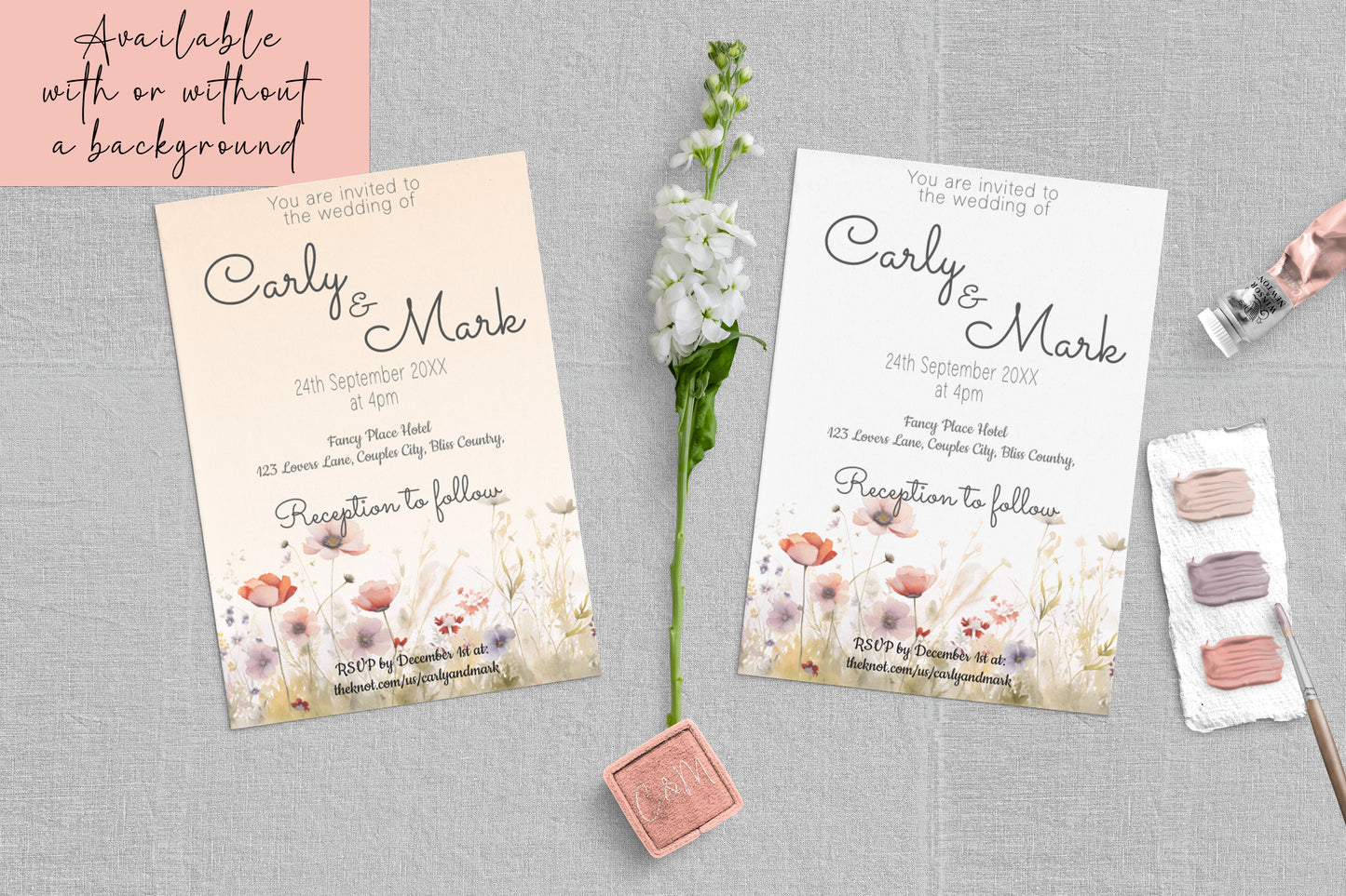 Colourful Wild Bloom Wedding Invitation - Editable Template. Beautiful wildflower designs in shades of yellow, orange and pink - 5x7