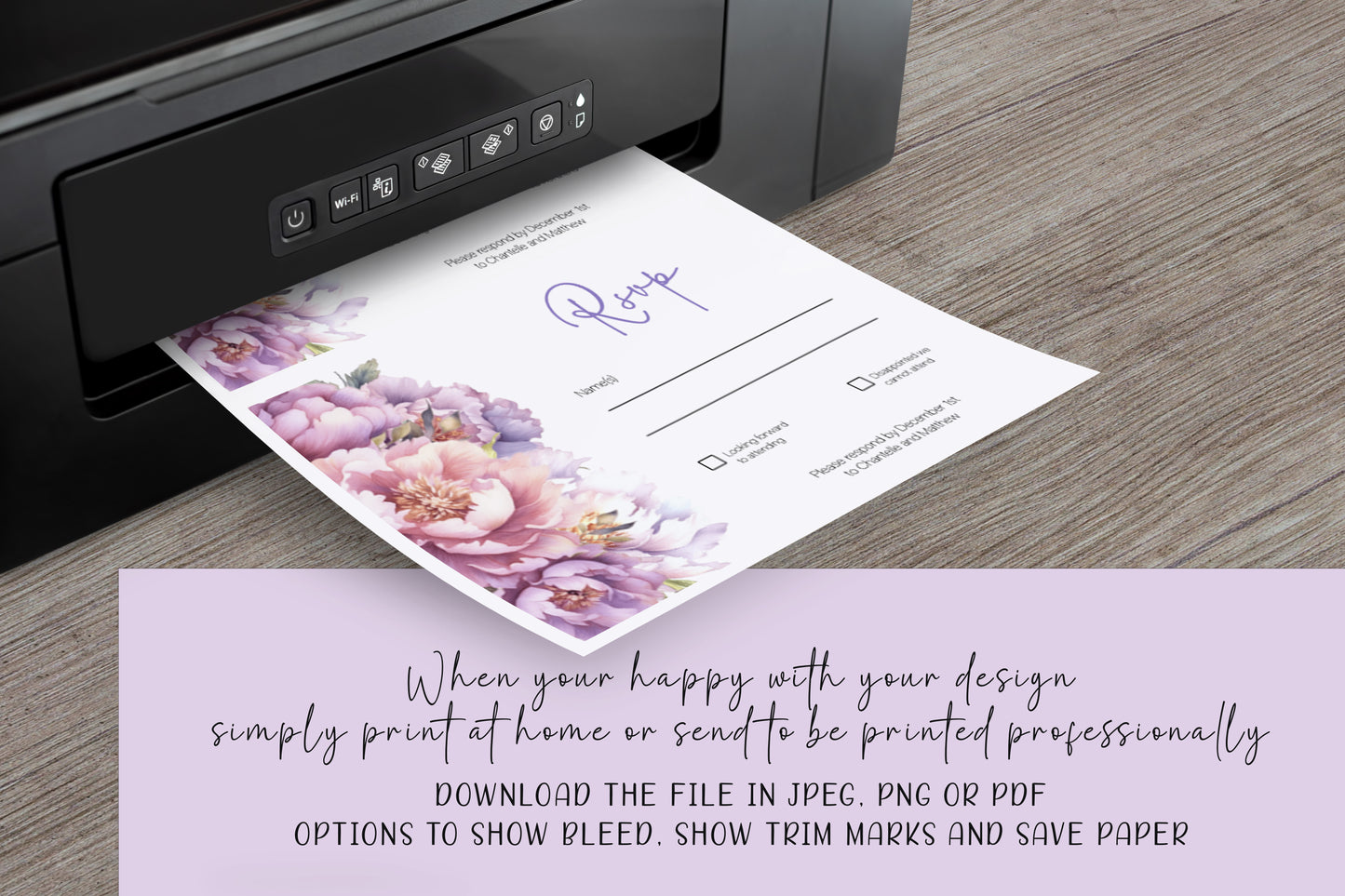 Lilac flower Wedding Invitation Suite - Editable Template. Beautiful florals in hues of pinks and purples - invite, rsvp and details card