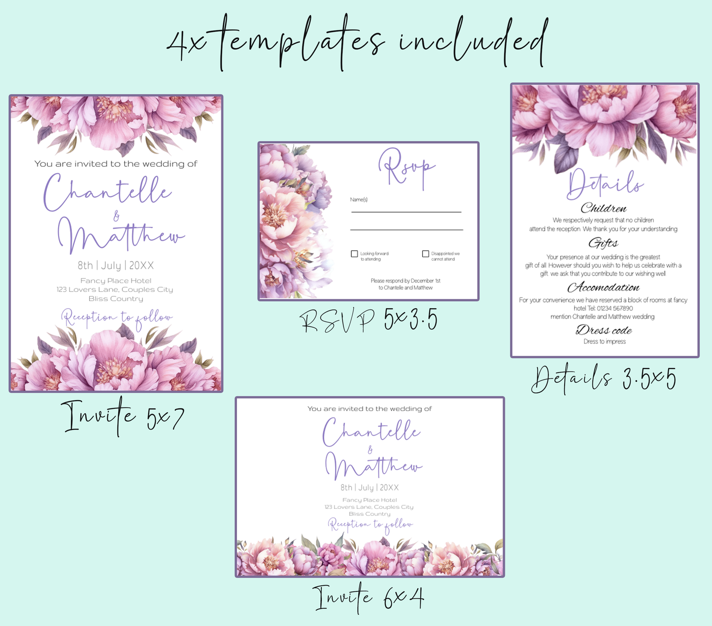 Lilac flower Wedding Invitation Suite - Editable Template. Beautiful florals in hues of pinks and purples - invite, rsvp and details card