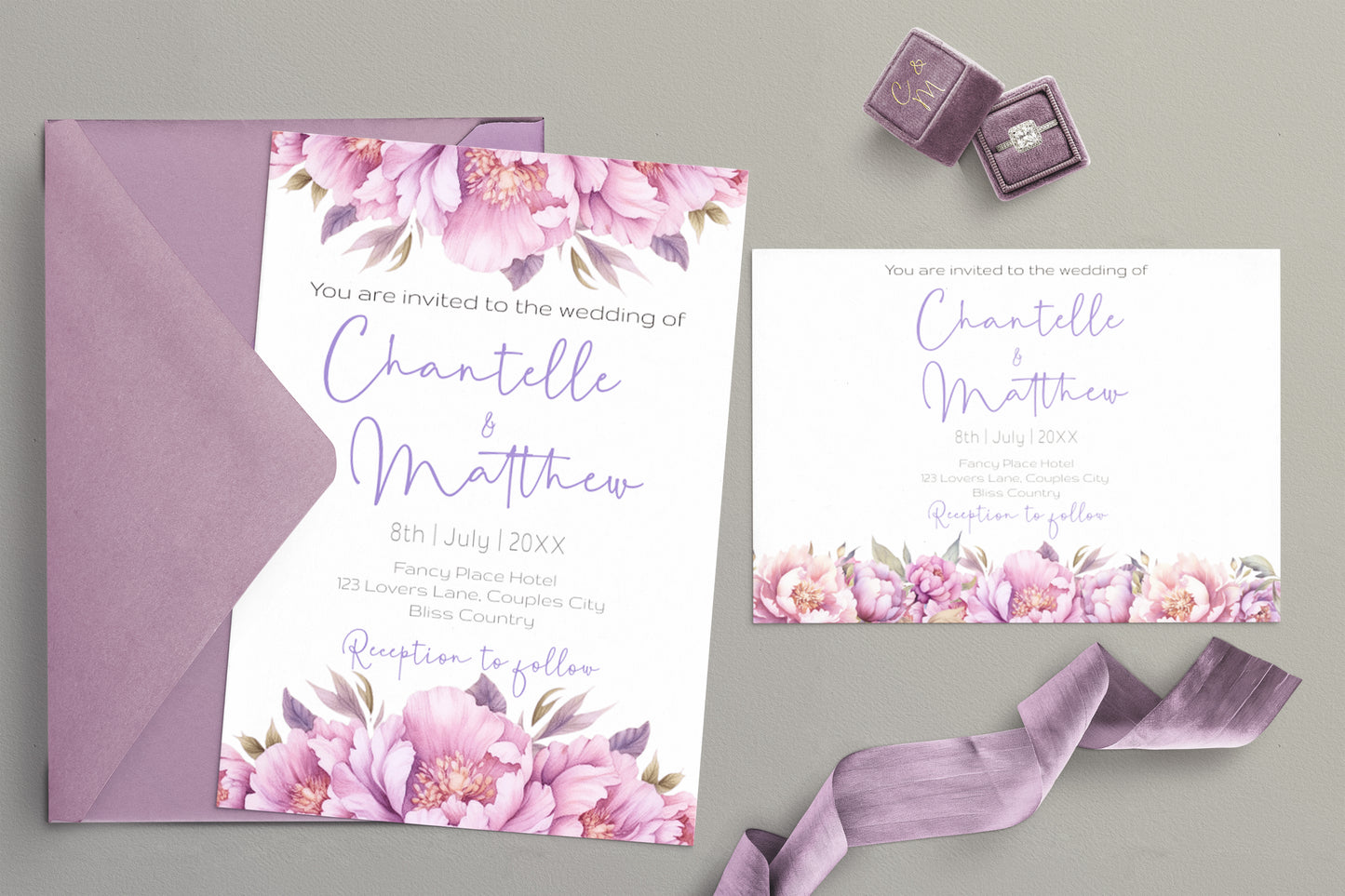 Lilac flower Wedding Invitation Suite - Editable Template. Beautiful florals in hues of pinks and purples - invite, rsvp and details card