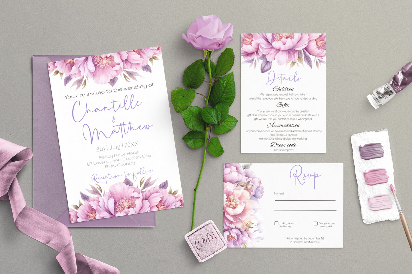 Lilac flower Wedding Invitation Suite - Editable Template. Beautiful florals in hues of pinks and purples - invite, rsvp and details card