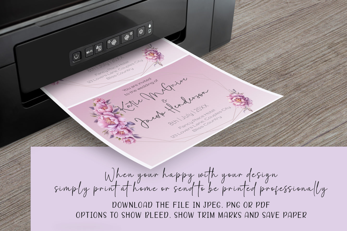 Lilac Flowers in Decorative Frames Wedding Invitation - Editable Template. Lilac, pinks in ombre tones - 5x7