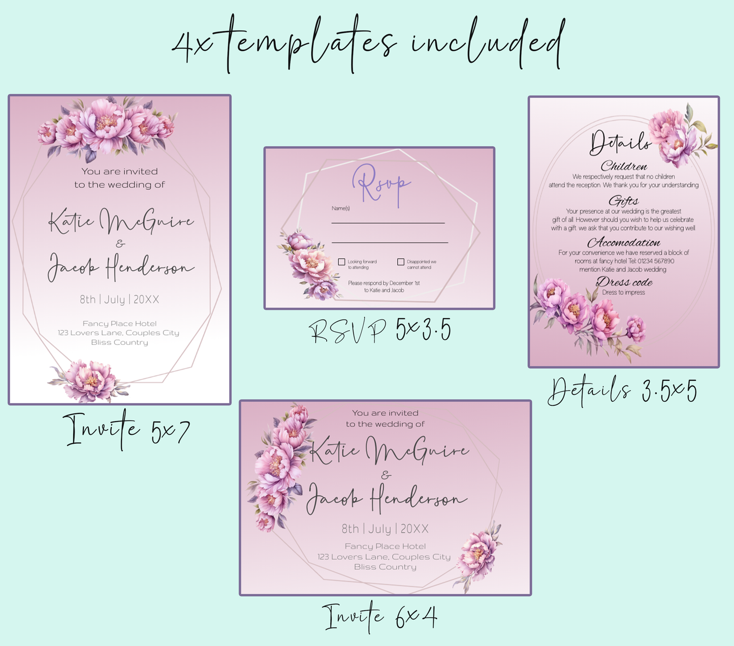 Lilac Flowers in Decorative Frames Wedding Invitation Suite - Editable Template. Lilac, pinks in ombre tones - invite, rsvp and details card