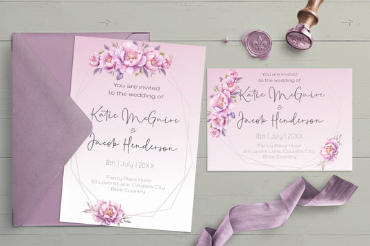 Lilac Flowers in Decorative Frames Wedding Invitation Suite - Editable Template. Lilac, pinks in ombre tones - invite, rsvp and details card