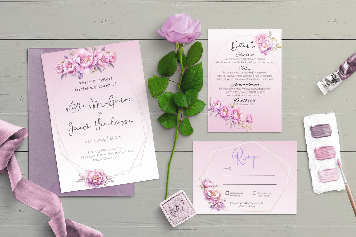 Lilac Flowers in Decorative Frames Wedding Invitation Suite - Editable Template. Lilac, pinks in ombre tones - invite, rsvp and details card