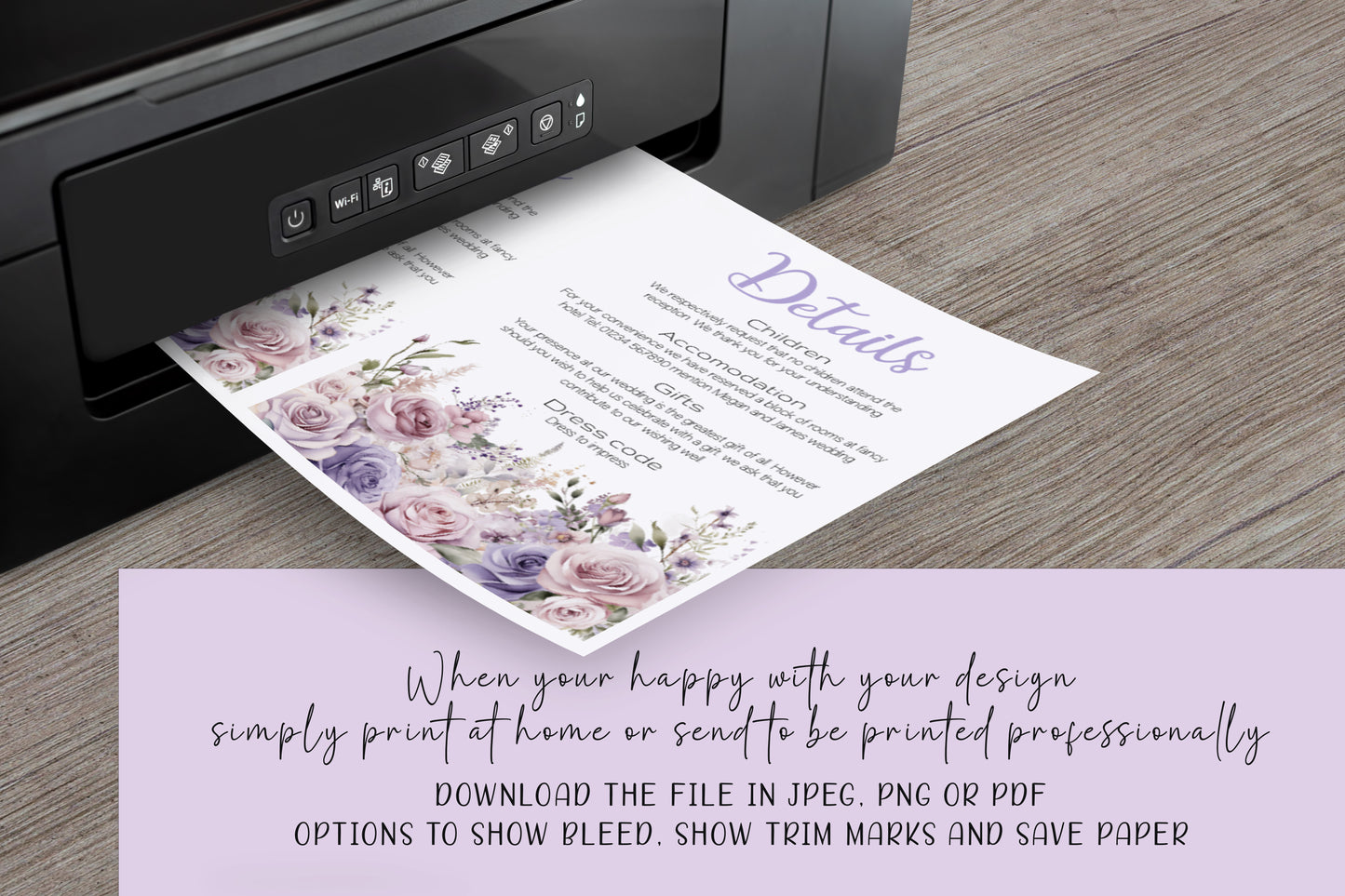 Mauve and White Floral Wedding Invitation Suite - Editable Template. With shades of beautiful purples - invite, rsvp and details cards