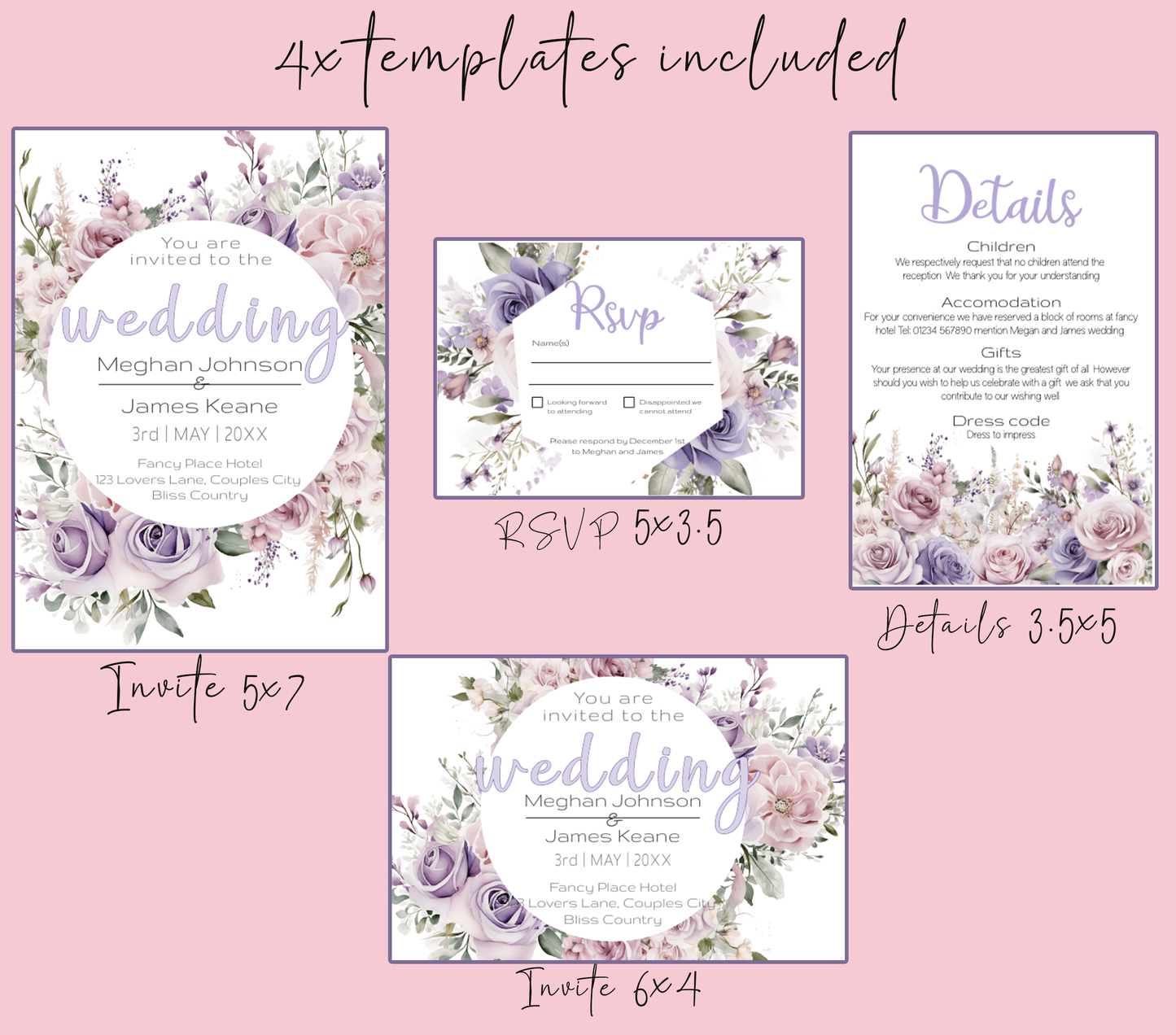 Mauve and White Floral Wedding Invitation Suite - Editable Template. With shades of beautiful purples - invite, rsvp and details cards