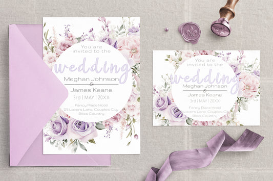 Mauve and White Floral Wedding Invitation Suite - Editable Template. With shades of beautiful purples - invite, rsvp and details cards