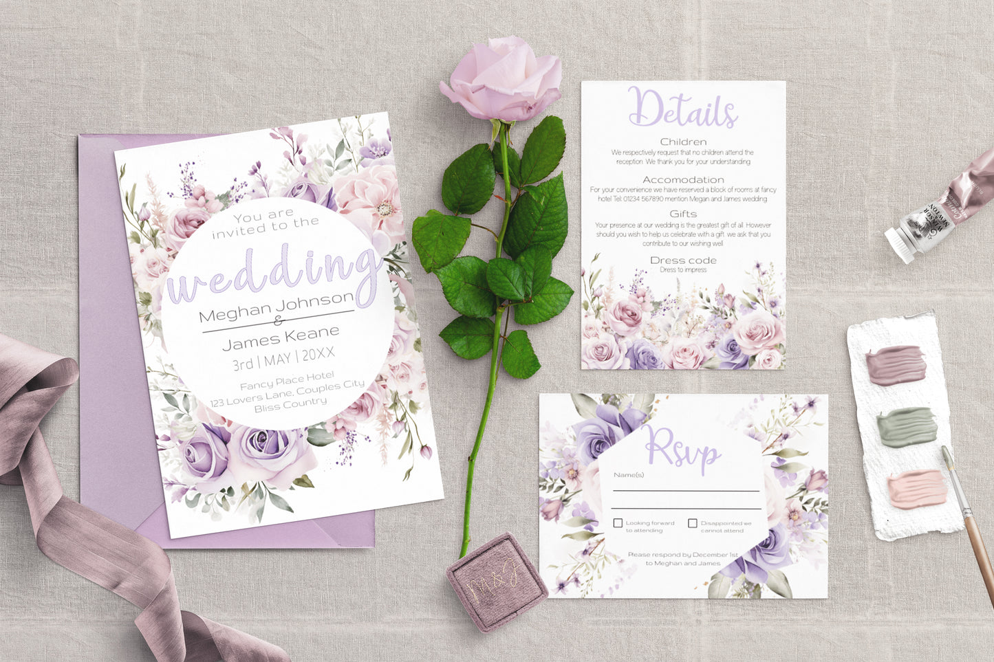 Mauve and White Floral Wedding Invitation Suite - Editable Template. With shades of beautiful purples - invite, rsvp and details cards