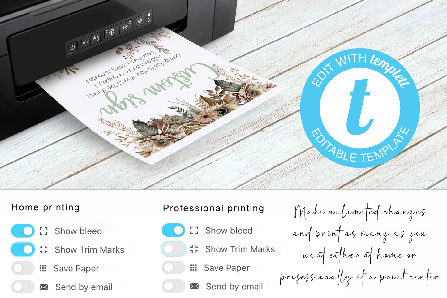 Rustic Boho Wedding Sign Set: Editable Floral & Feather Design (Instant Download)