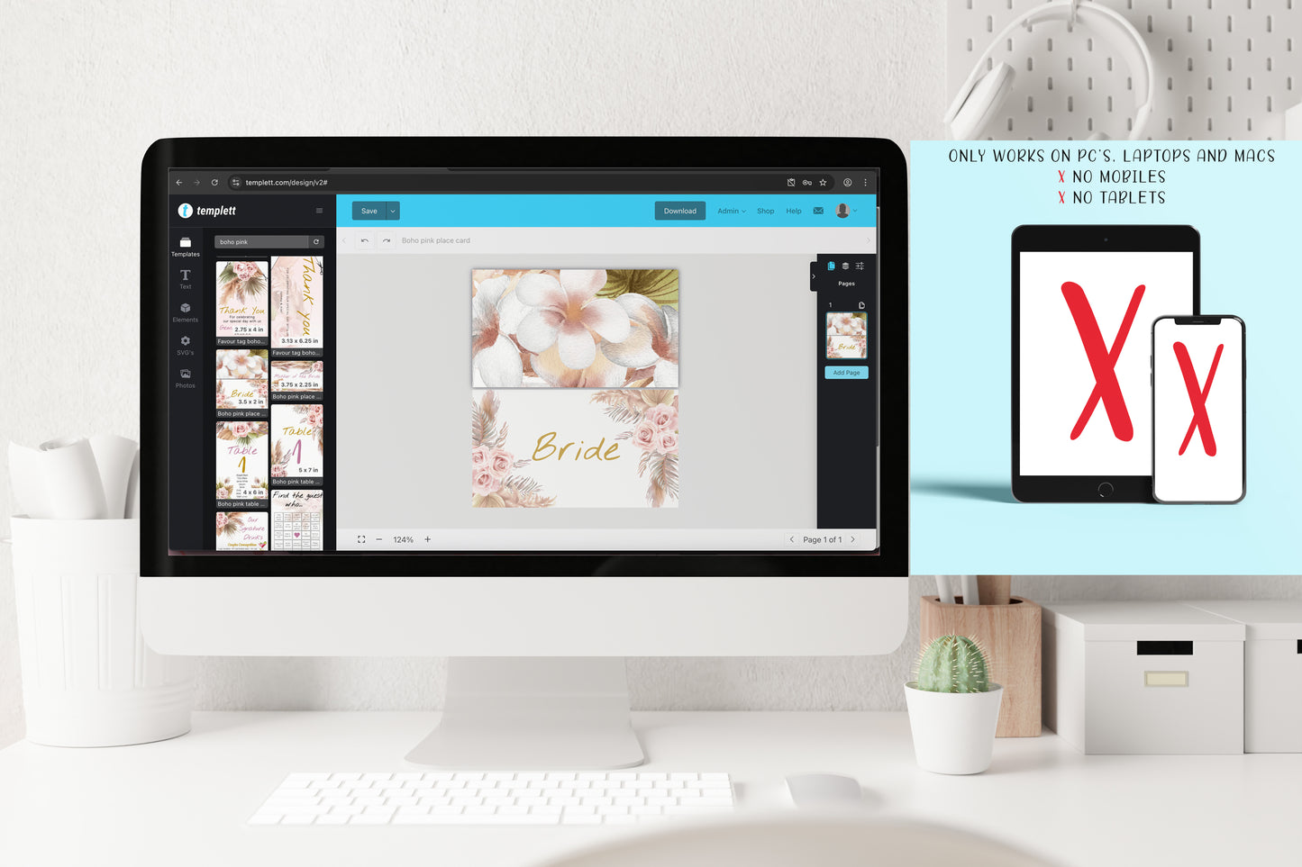 Bohemian Wedding Table and Gift Sign Set: Editable Pink Rose & Feather Design (Digital Download)