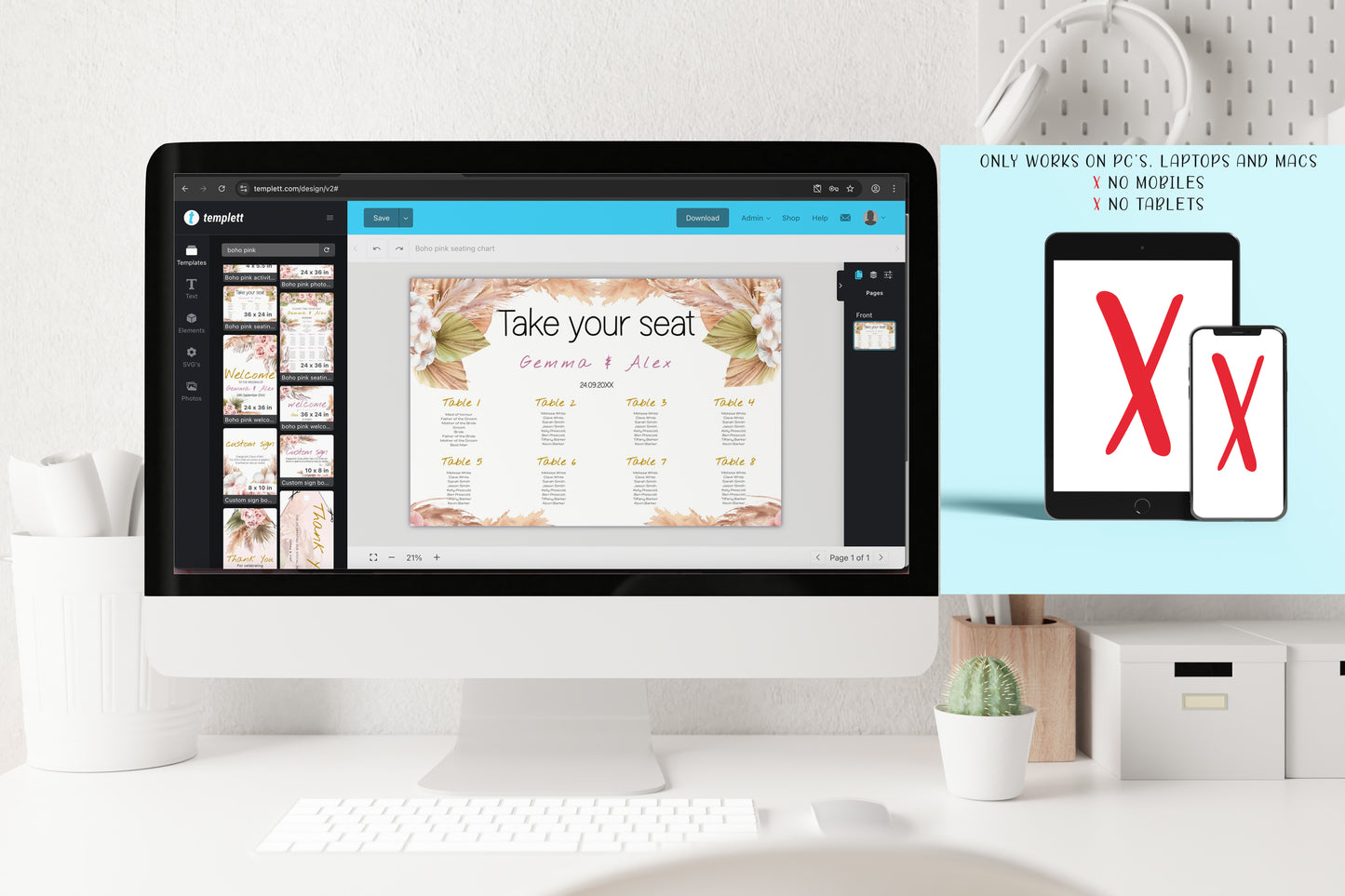 Boho Wedding Sign Set: Pink Rose & Feather Theme (Instant Download, Editable Templates 7x )