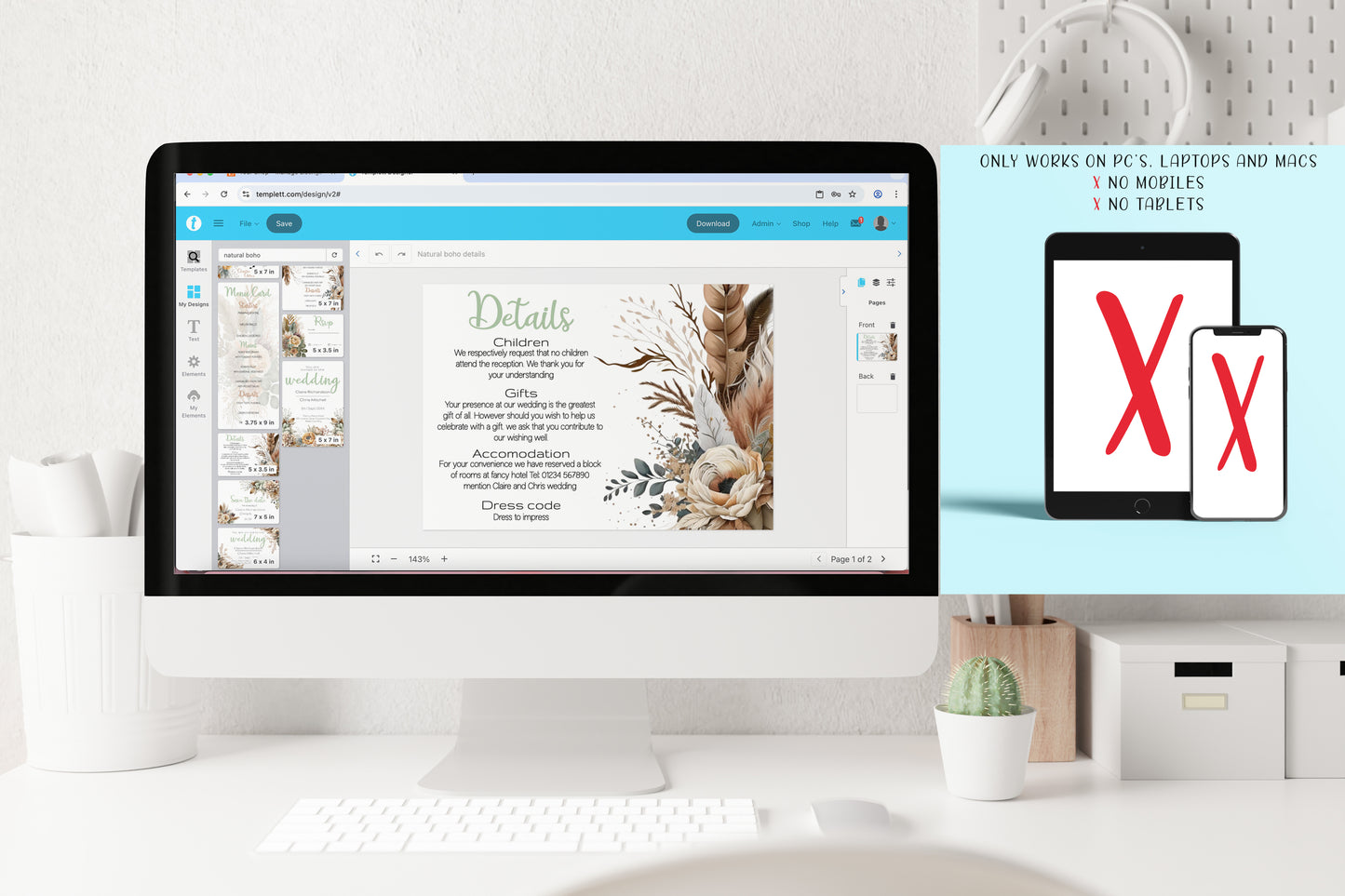 Natural Boho Large Wedding Invitation Suite | Rustic flower & Feather Design | RSVP, Menu, Program, Belly Band + More | Instant Download