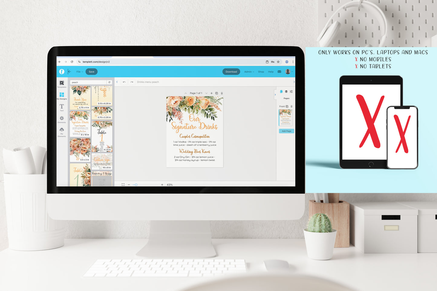 Peach Flowers Wedding Small signs: Editable table and gift signage templates (digital downloads)