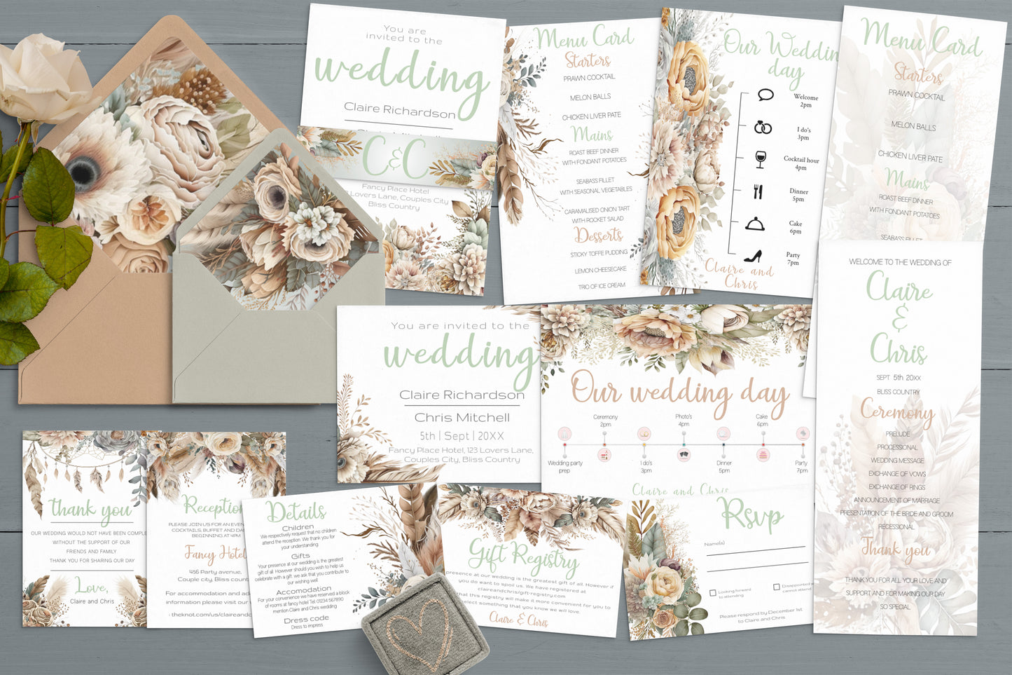 Natural Boho Large Wedding Invitation Suite | Rustic flower & Feather Design | RSVP, Menu, Program, Belly Band + More | Instant Download