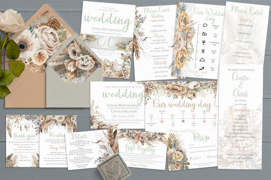 Natural Boho Large Wedding Invitation Suite | Rustic flower & Feather Design | RSVP, Menu, Program, Belly Band + More | Instant Download