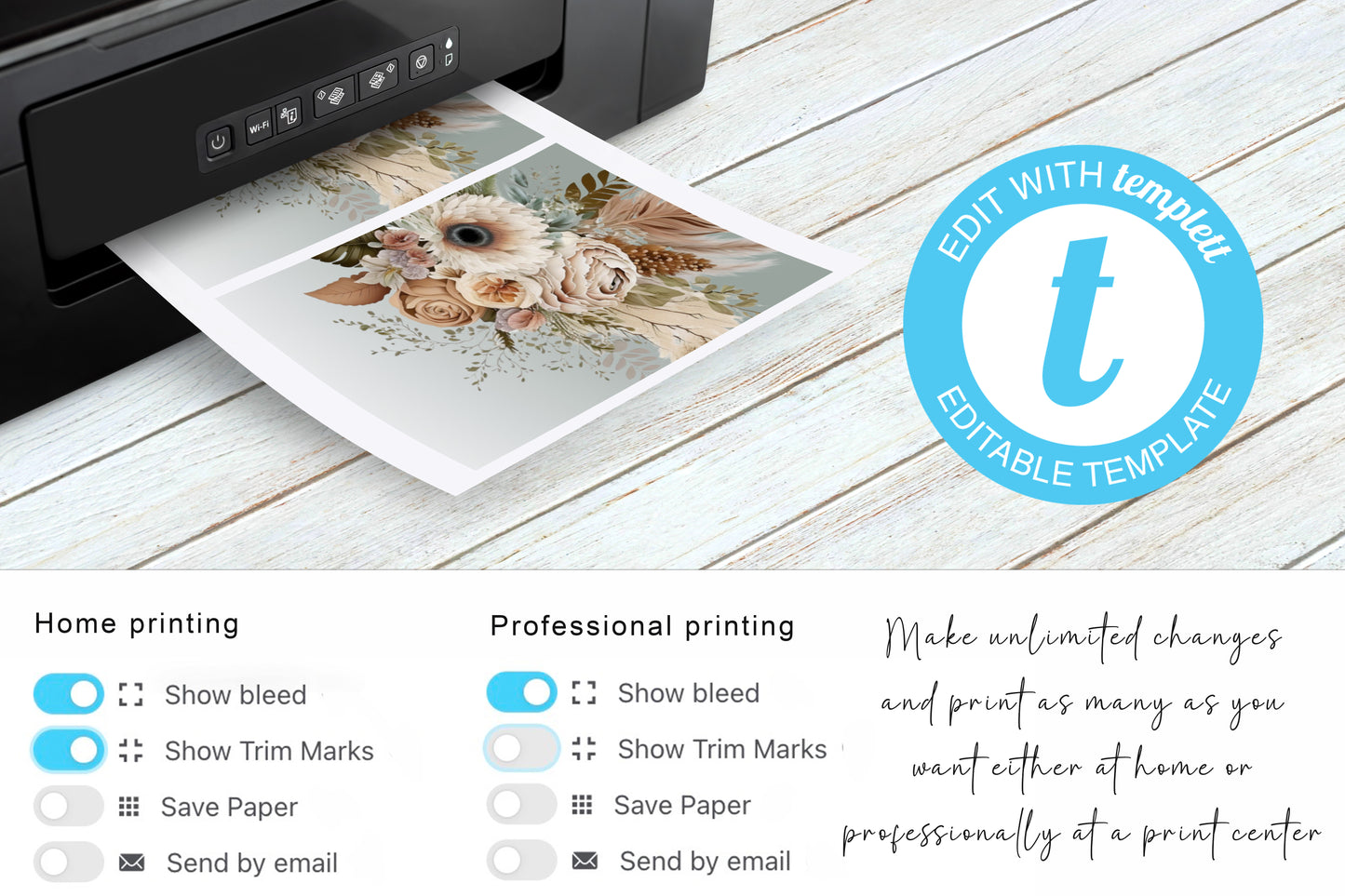 Natural Boho Large Wedding Invitation Suite | Rustic flower & Feather Design | RSVP, Menu, Program, Belly Band + More | Instant Download