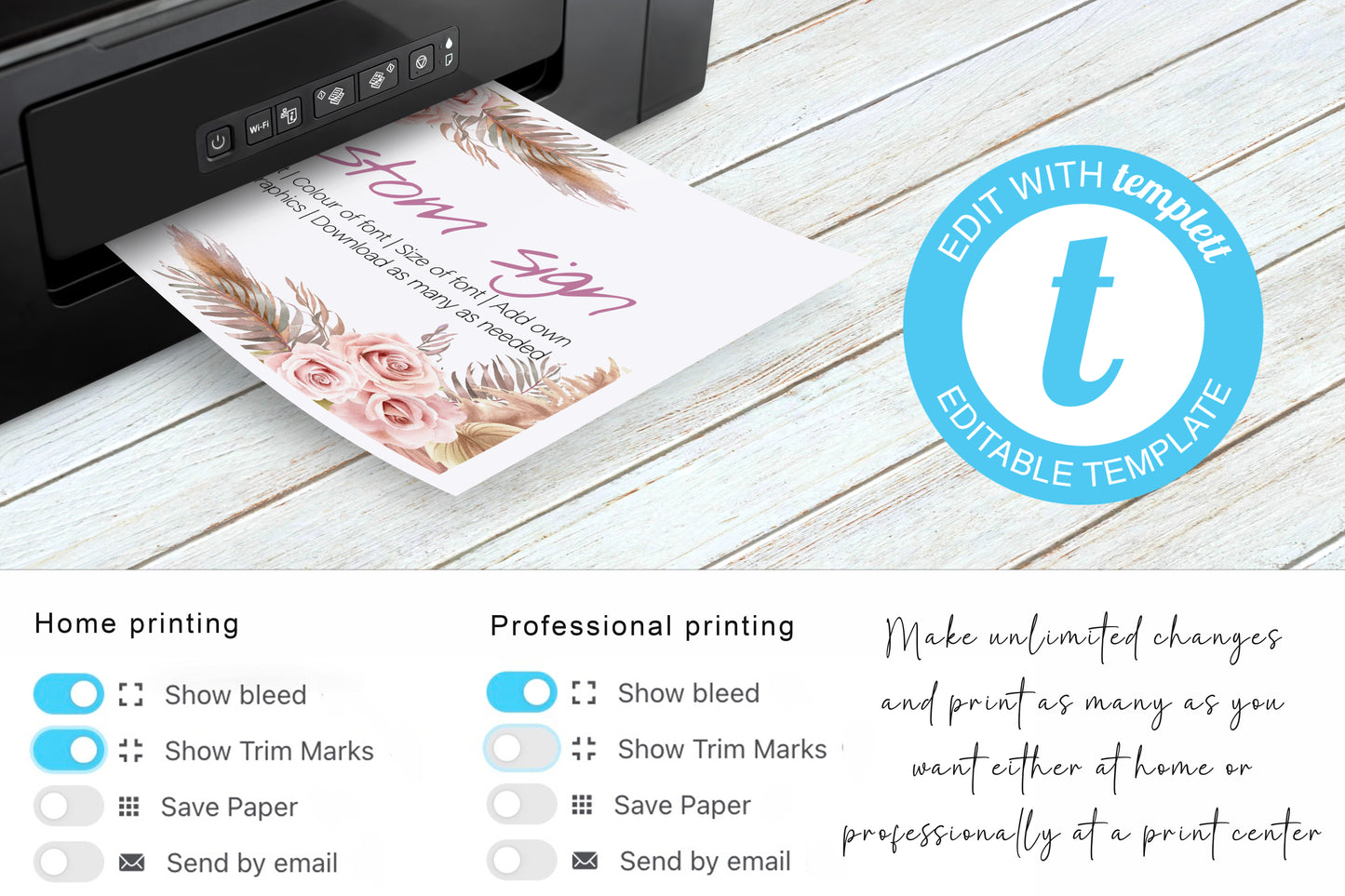 Boho Wedding Sign Set: Pink Rose & Feather Theme (Instant Download, Editable Templates 7x )