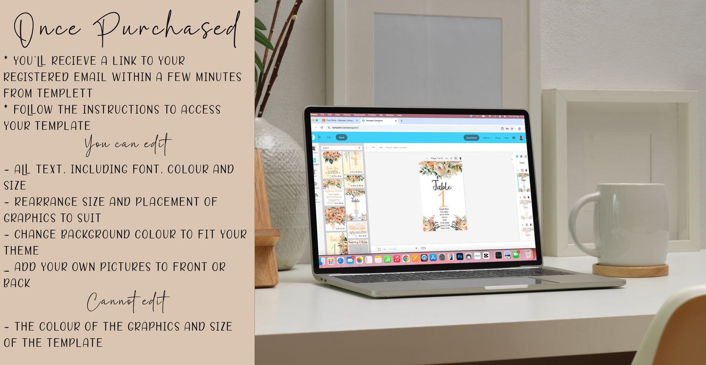 Peach Flowers Wedding Small signs: Editable table and gift signage templates (digital downloads)