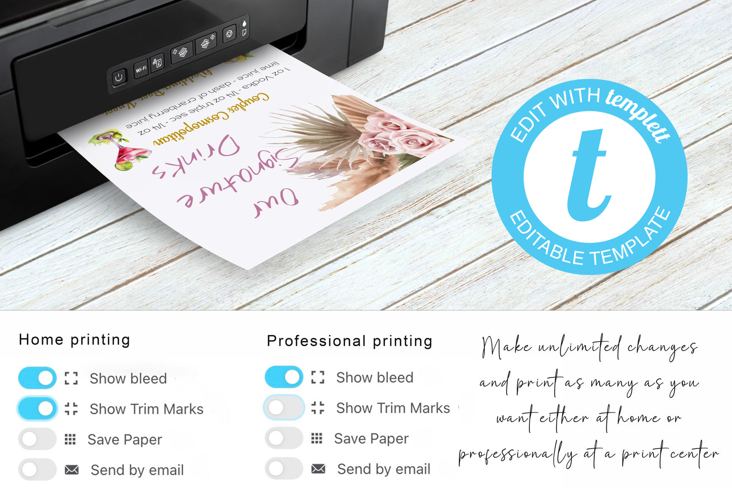 Bohemian Wedding Table and Gift Sign Set: Editable Pink Rose & Feather Design (Digital Download)