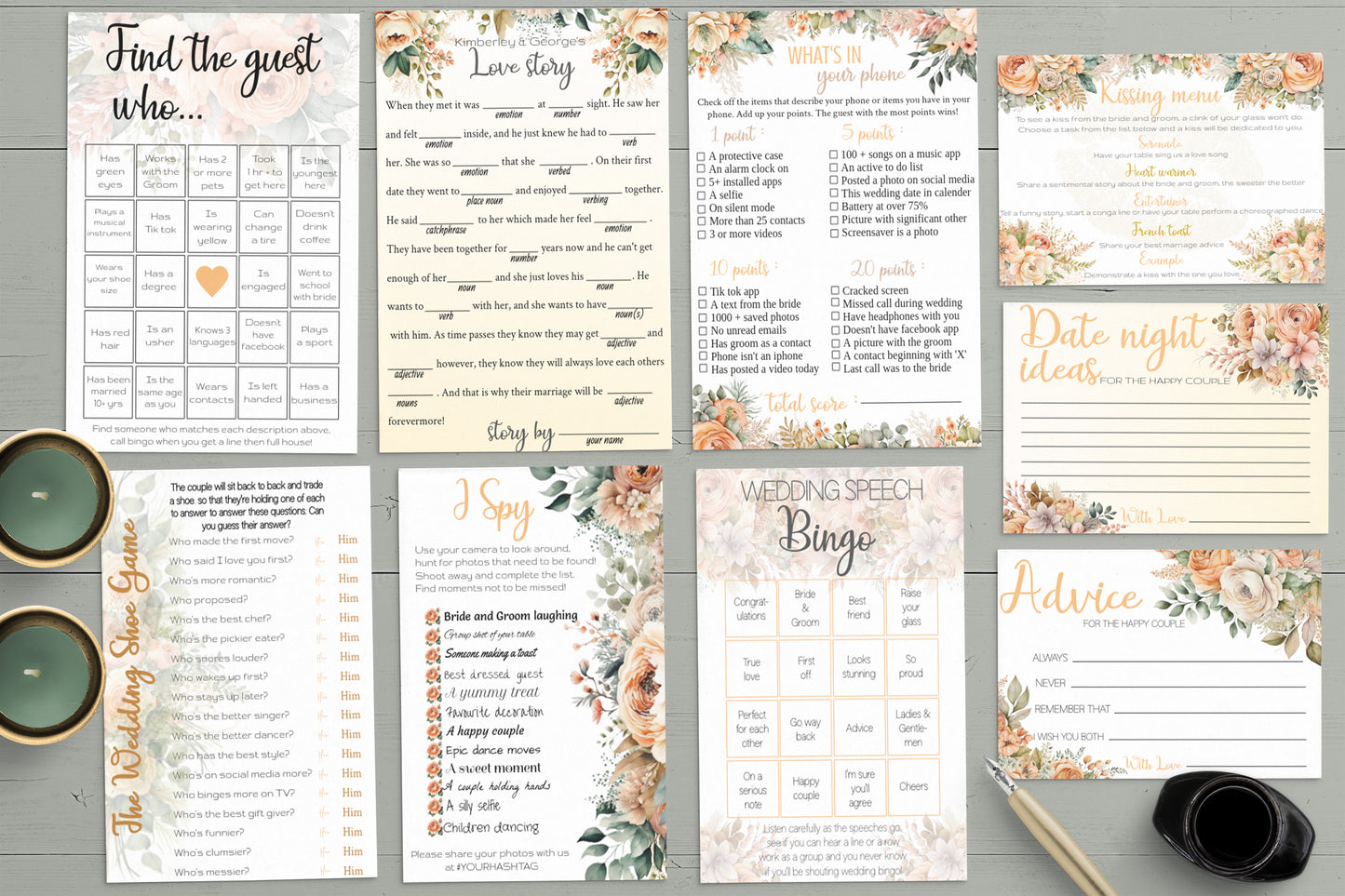 Peach Flowers Wedding Game Bundle: Editable Templates of Interactive guest games (Digital download)