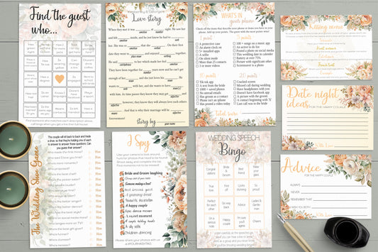 Peach Flowers Wedding Game Bundle: Editable Templates of Interactive guest games (Digital download)