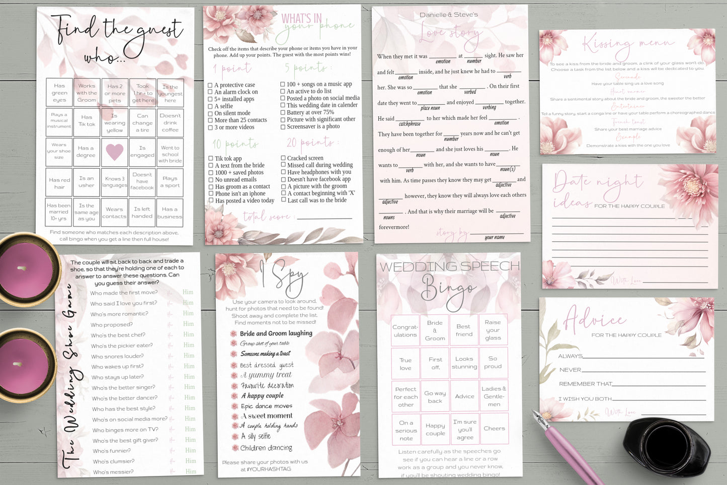 Blush Pink Floral Wedding Game Bundle: 9 Editable Templates