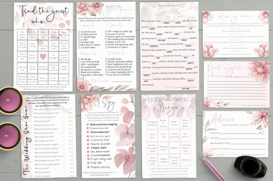 Blush Pink Floral Wedding Game Bundle: 9 Editable Templates