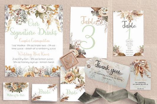 Rustic Boho Wedding Sign Set: Cream Floral & Feather Design (Instant Download, Editable Templates 7x )