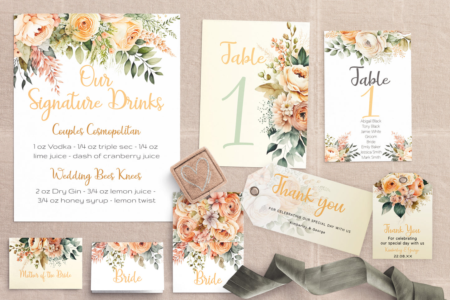 Peach Flowers Wedding Small signs: Editable table and gift signage templates (digital downloads)