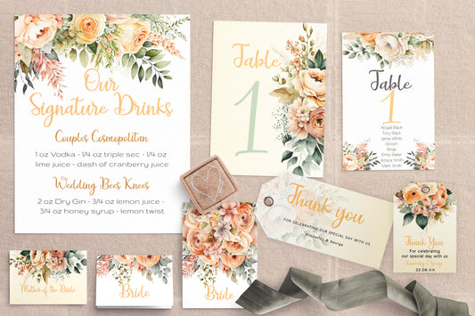 Peach Flowers Wedding Small signs: Editable table and gift signage templates (digital downloads)