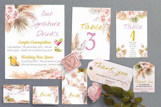 Bohemian Wedding Table and Gift Sign Set: Editable Pink Rose & Feather Design (Digital Download)