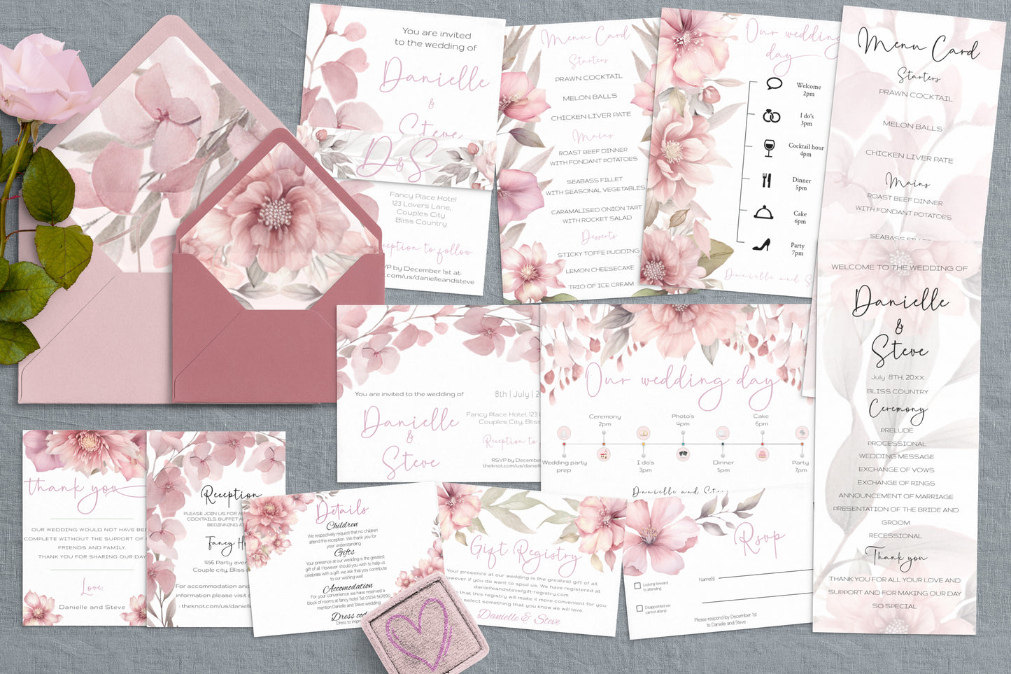 Blush Pink Floral Wedding Invitation Suite: Editable Template