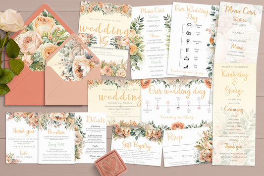 Orange Peach Flowers large Wedding Invitation Suite - 15x Editable Templates
