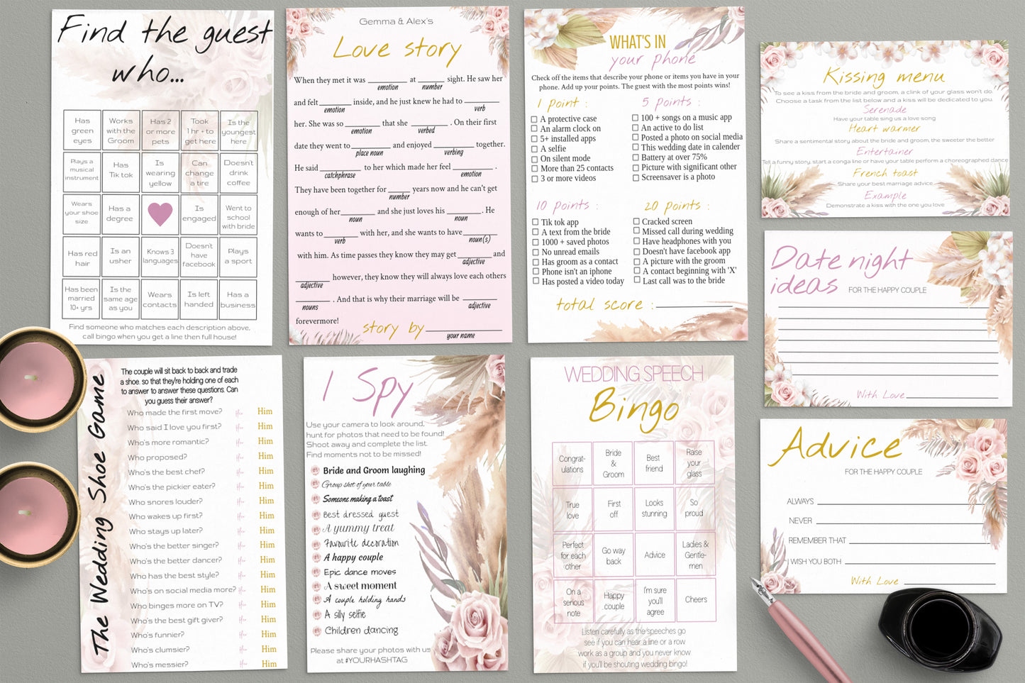 Pink Rose Boho Wedding Game Bundle: Editable Templates (Instant Download)